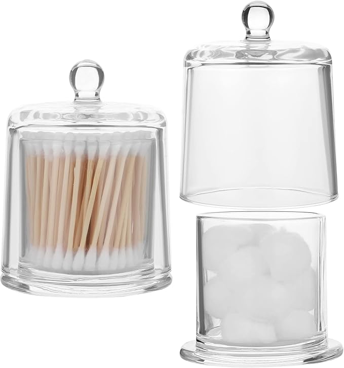 rejomiik Qtip Holder Thick Glass Apothecary Jars with Lid for Bathroom Accessories Vanity Organizers and Makeup Storage for Cotton Ball, Swabs, Candy, Jewelry, Bathroom Decor, 2 Pack Clear