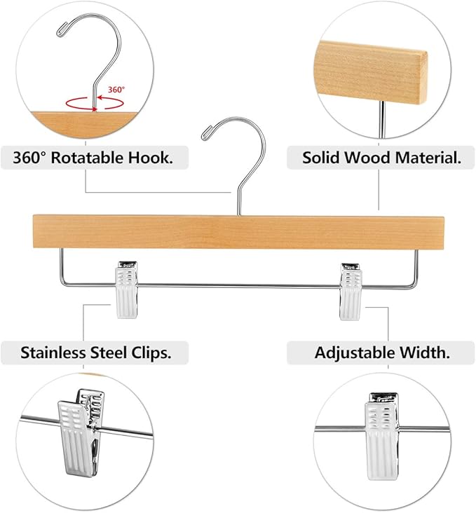 AMKUFO 20pcs Wooden Pants Hangers Solid Pants Hanger with Adjustable Clips 14 Inch Natural Wood Skirt Hangers Trousers Bottom Hanger with Non-Slip Clips and 360° Swivel Hook