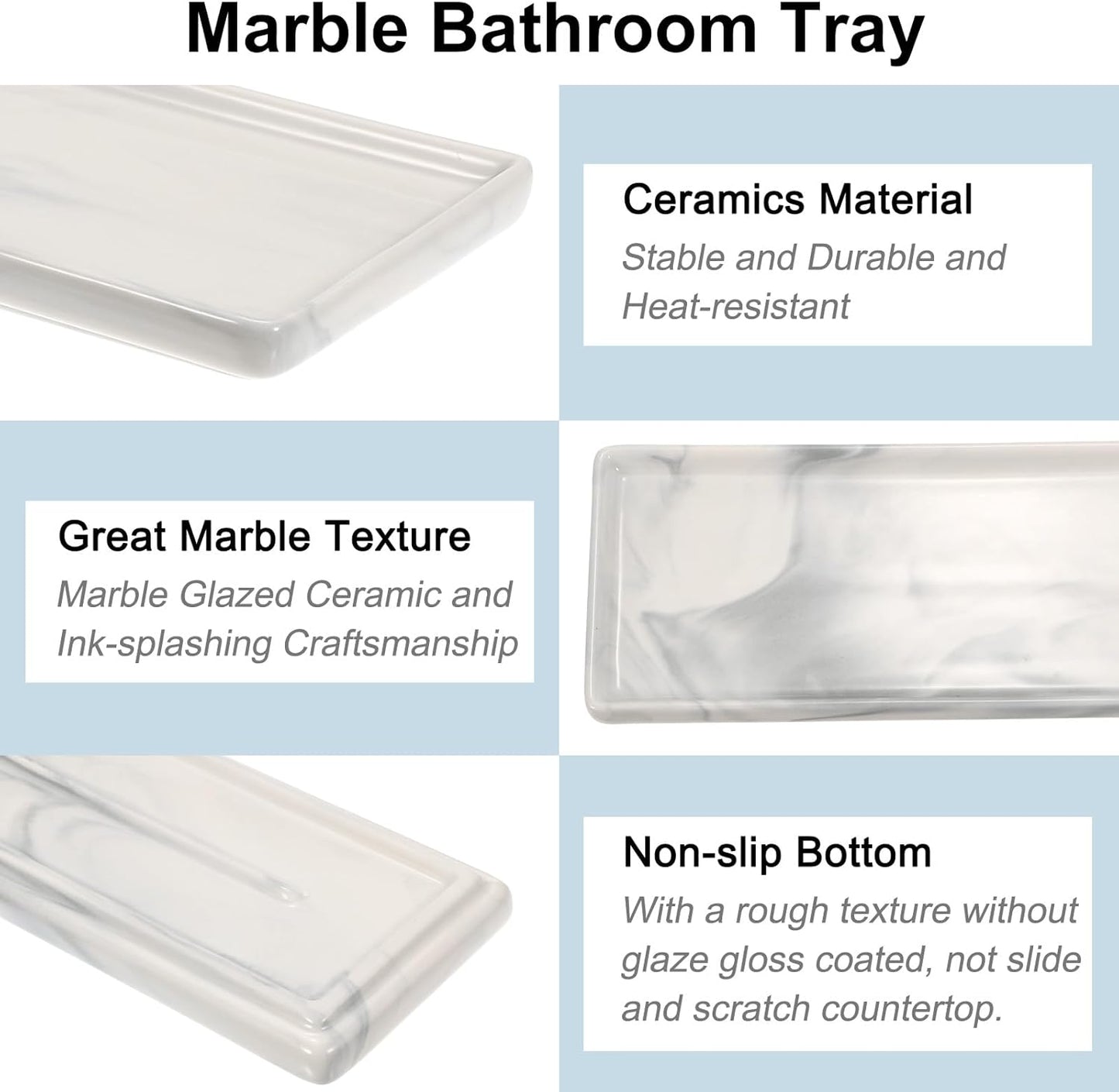 uxcell Marble Tray for Bathroom 9" Small Rectangle Ceramic Vanity Tray for Countertop Shatterproof Bathtub Soap Tray Kitchen Sink Organizer Key Trinket Ring Tray, Grey
