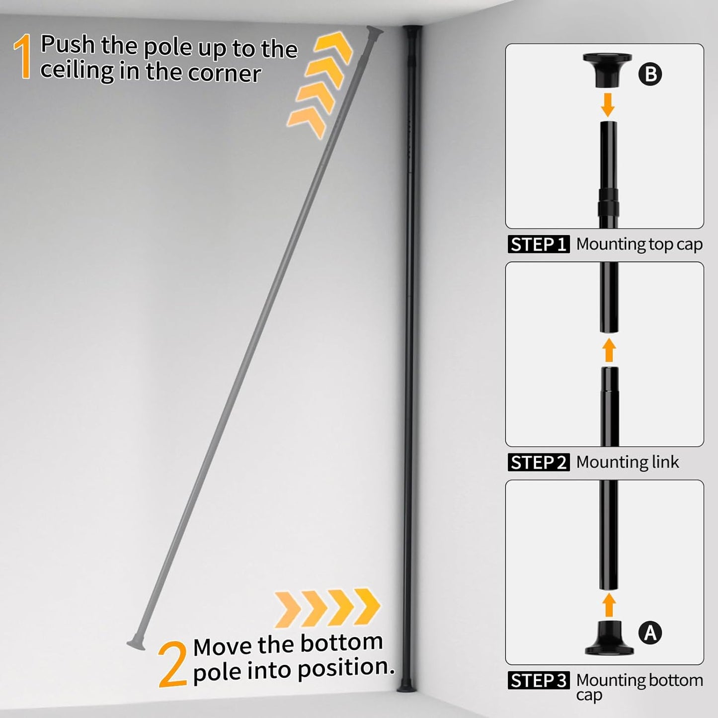 Shower Caddy Tension Pole with 4 L-Lazy Susan Organizer 360 Rotating 35-128 Inch No Drilling Floor Standing Shelves Adjustable Shower Rack for Bathroom Corner (Black)