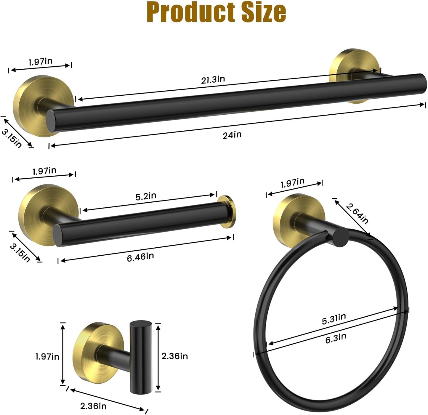 5 Pcs SUS304 Stainless Steel Bathroom Accessories Set, 24" Towel Bar, Round Towel Ring, Toilet Paper Holder, 2 Towel Hooks, Minimalist Design for All Styles Bathrooms (Black+Gold)