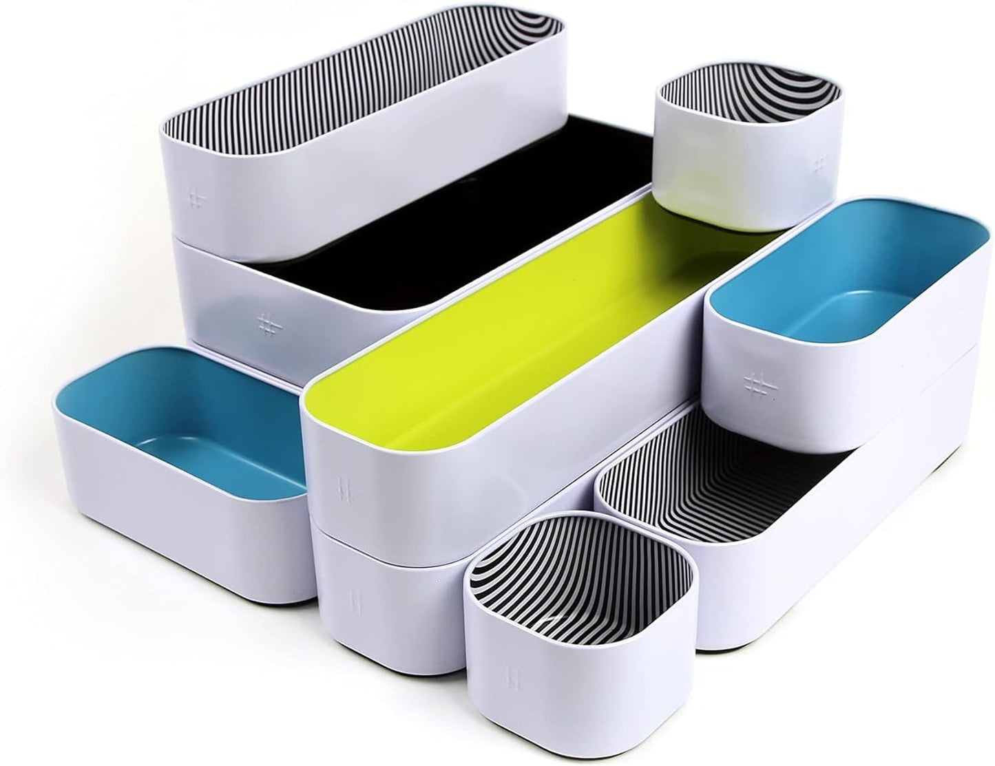 Three by Three Seattle 10 Piece Metal Organizer Tray Set for Storing Makeup, Stationery, Utensils, and More in Office Desk, Kitchen and Bathroom Drawers (2 Inch, Assorted Colors, Stripes)