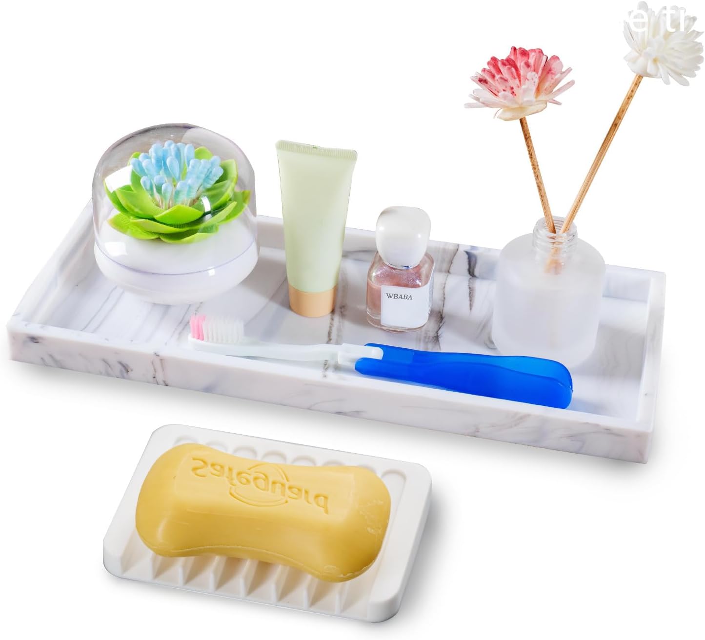 Bloss Small Bathroom Vanity Tray with Soap Dish, 8 x 4 inch Silicone Marble Tray for Kitchen Counter,Toilet Tank Storage,Perfume Trays for Dresser, Jewelry, Candle, Key