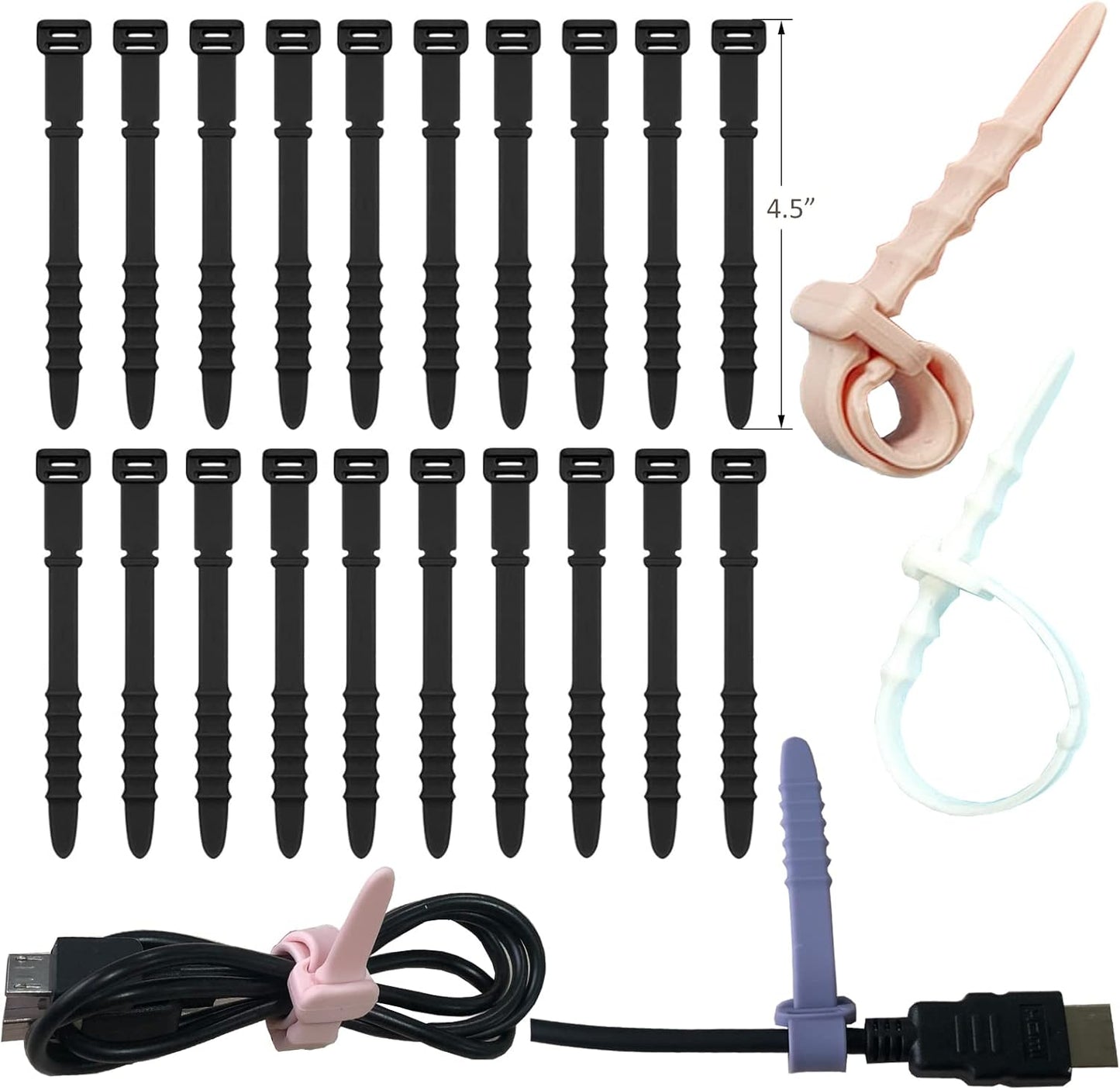 Silicone Zip Ties, Reusable Zip Ties, 20pcs Rubber Cable Ties Straps for Wire Management, Elastic Cable Organizer for Home Office Table Desk. Black 4.5” Cord Ties (20 Pcs Black)