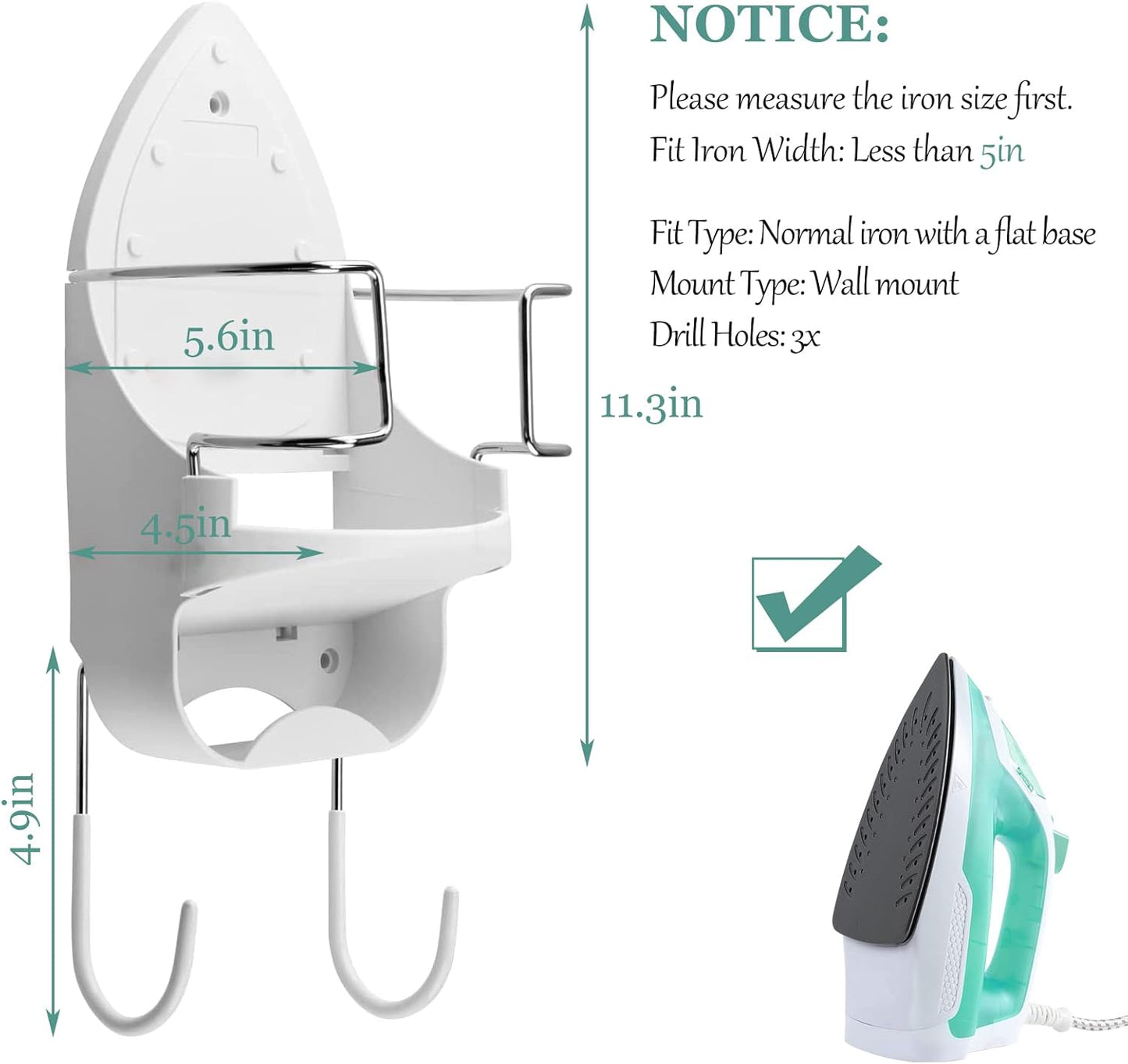 Wall Mount Iron Board Hanger and Ironing Board Storage Organizer Shelf With Removable Hooks for Household Bathroom Laundry Room (White)