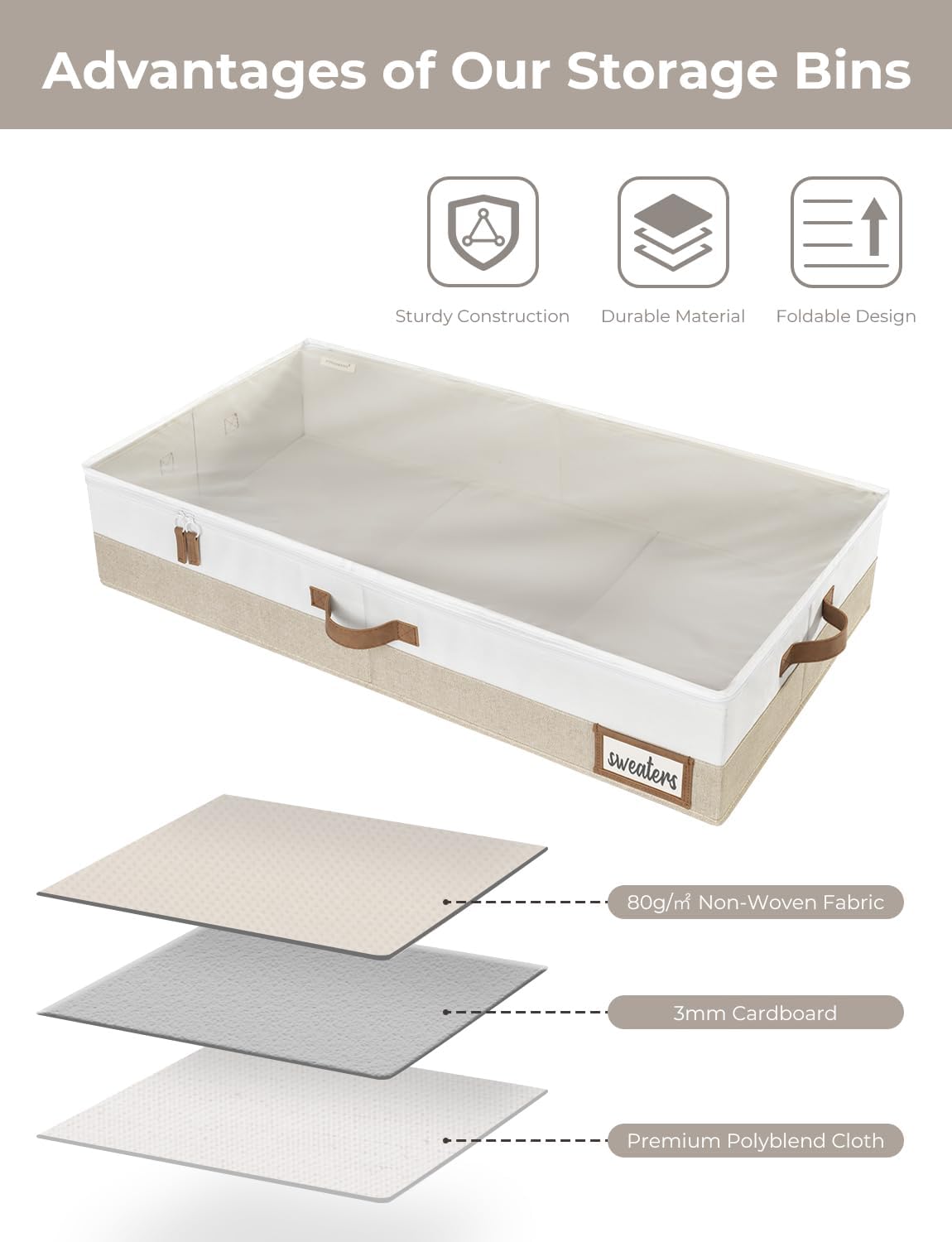 StorageWorks Large Under Bed Storage Containers with Handles and Label Holder, 2 Pack Ultra-thick Fabric Underbed Bins, Closet Organizer for Clothes, Blankets, Sweater