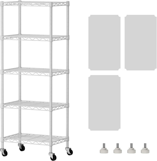 SINGAYE 5 Shelves Storage Shelf Wire Closet Bathroom Organizers Metal Pantry Kitchen Small Garage Shelving Unit Laundry Room Organization Home Narrow Rack Net Basket with Wheels White