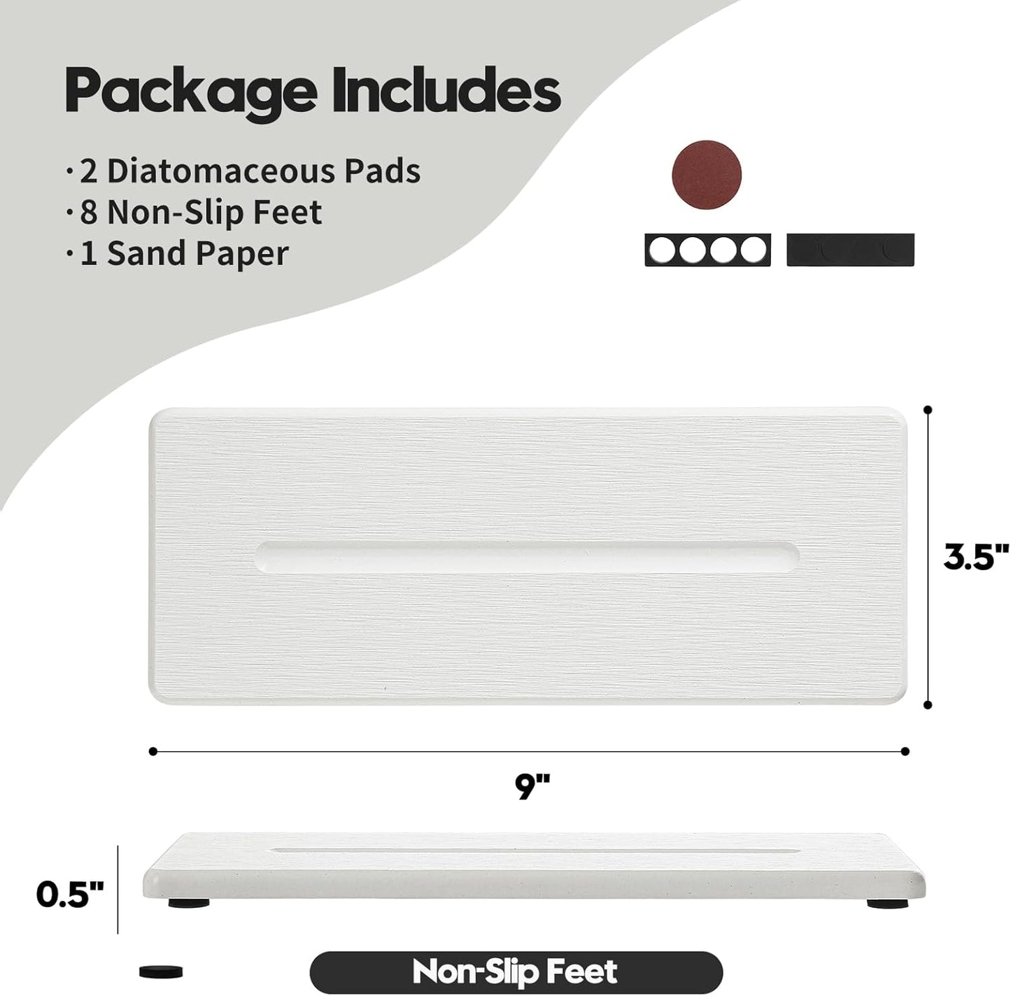 2 Pack Diatomite Stone Sink Tray, Water Absorbing Mat for Kitchen & Bathroom Counter, Quick Dry Soap Dish Makeup Vanity Caddy,Sponge Holder Organizer, White - 2pcs of 9"x 3.5"