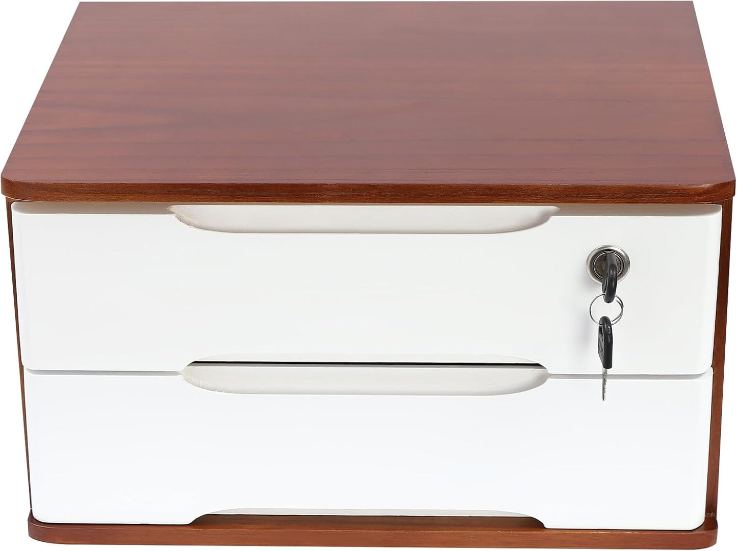 2-Tier Wooden Desktop Storage Box Desk Organizer with 2 Drawers and Lock Countertop Drawers Organizer for Office Supplies File Paper Cosmetic Jewelry, 15.4x11.8x8.5 in (Dark Brown and White)