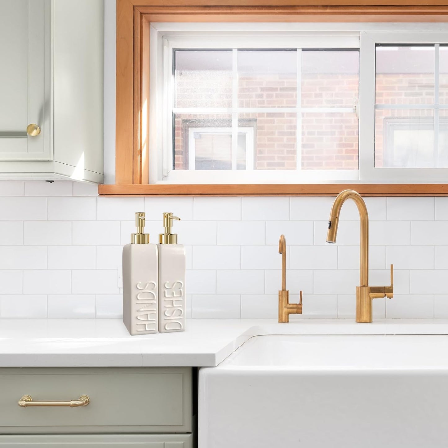 Soap Dispenser Set with Gold Stainless Steel Pump and a Funnel, 2 Pack Modern Ceramic Refillable Hand and Dish Soap Dispenser for Kitchen, Bathroom, Matte White