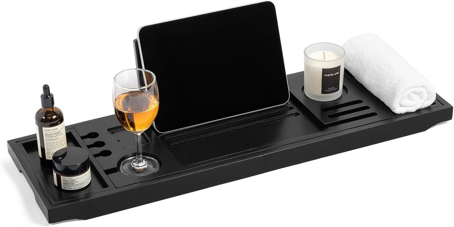 Bamboo Bathtub Tray Caddy - Splash-Proof Adjustable (28.5-40") with Wine Holder, Tablet Stand & Non-Slip Grip | Spa-Grade Organizer for Bath Essentials & Reading- Black