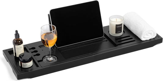 Bamboo Bathtub Tray Caddy - Splash-Proof Adjustable (28.5-40") with Wine Holder, Tablet Stand & Non-Slip Grip | Spa-Grade Organizer for Bath Essentials & Reading- Black