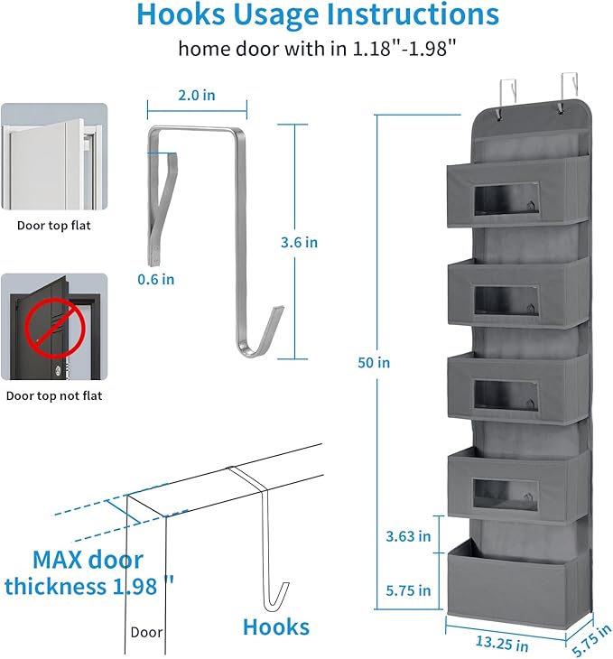 MAX Houser 5-Shelf Over The Door Hanging Organizer with 2 Metal Hooks，5 Pocket Over The Door Wall Mount Storage with Clear Windows for Baby Nursery Bathroom Closet,Bedroom,Dorm (Gray-2 Pack)