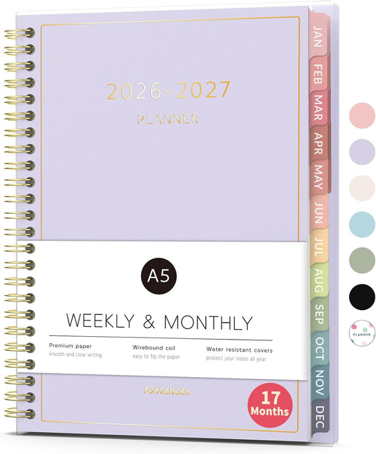 Forvencer Planner 2026-2027, 17 Month Weekly and Monthly Calendar Planner, Jan 2026 -May 2027, 6.3" x 8.4", Daily Agenda Book with Tabs, College Organizer Notebook, School Supplies for Student Teacher Classroom, A5, Purple