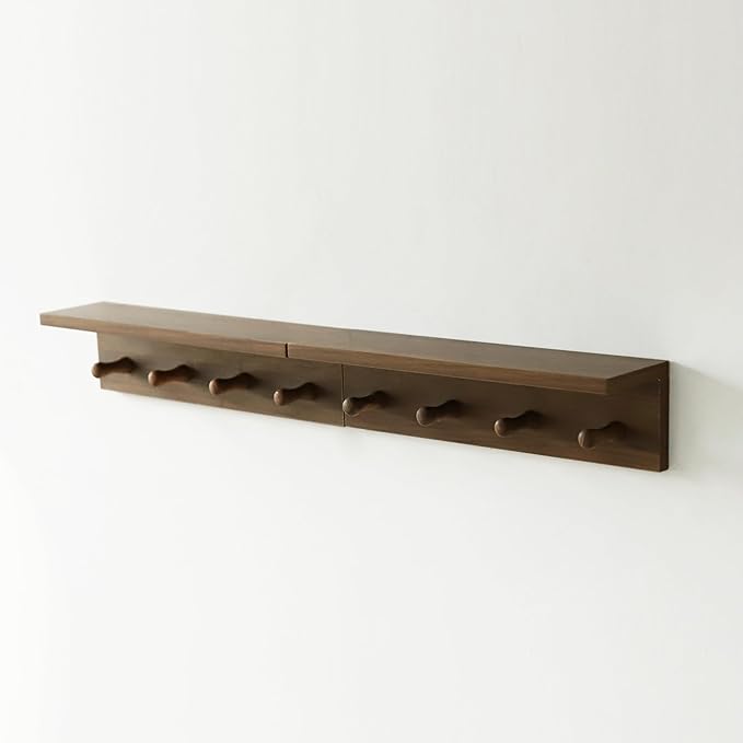 Entryway Coat Rack Hooks with Shelf, Sturdy Wooden Floating WallOrganizer Shelf with 4 Hooks siutable for Entrance, Mudroom, Kitchen, Bathroom,.etc(2pc-Walnut Finish)