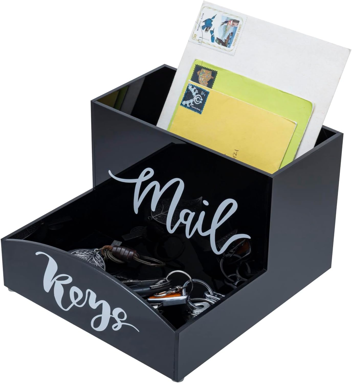 MyGift Modern Premium Black Acrylic Mail Holder and Key Organizer Entryway Storage Tray with Cursive MAIL and KEYS Word Design, Office, Dorm, Classroom Desktop Organizing Bin