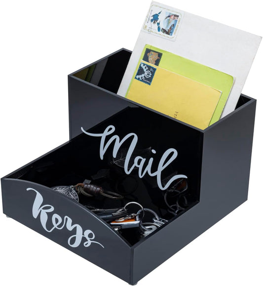 MyGift Modern Premium Black Acrylic Mail Holder and Key Organizer Entryway Storage Tray with Cursive MAIL and KEYS Word Design, Office, Dorm, Classroom Desktop Organizing Bin