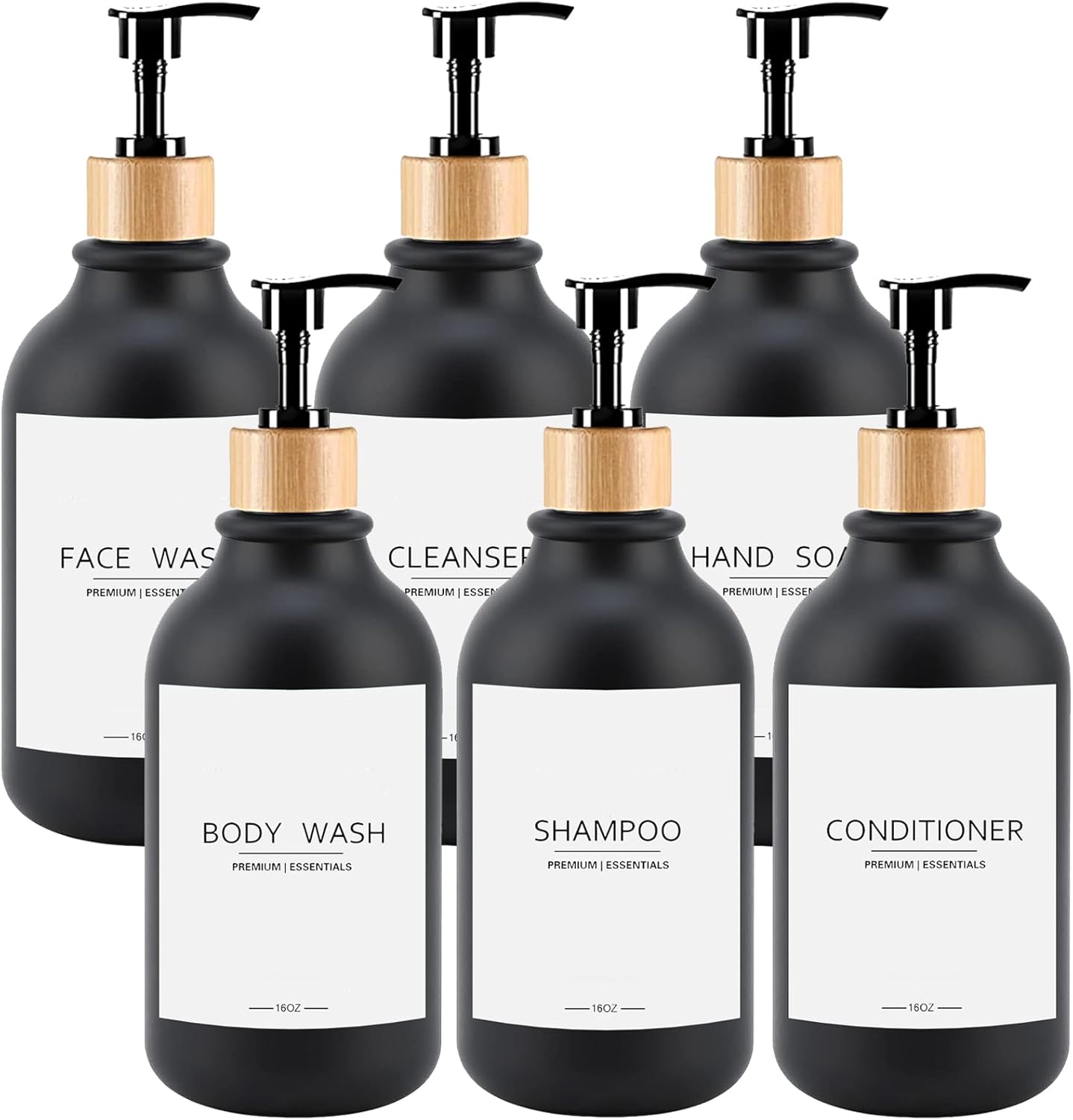 Frosted Plastic Shampoo and Conditioner Bottles, Apothecary Dispenser Bamboo Pump, Refillable Bottles for Shower Lotion, Oil, Hand Soap, Sanitizer, Liquid Soap, Set of 3 with 9 Labels (6, Matte Black)