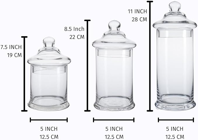 Set of 3 Glass Apothecary Jars with Lids, Clear Bathroom Storage Organizer Canister Set for Qtips, Cotton Swabs, Cotton Balls, Bath Salts (H: 11", 8.5", 7.5", D: 5"; 23 FL.OZ, 34 FL.OZ and 45 FL.OZ)