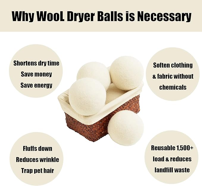 6 Pack Wool Dryer Balls Laundry Reusable Anti Static, Cotton Balls Wool Laundry Balls for Dryer Reduces Clothing Wrinkles Natural Fabric Softener Last 1000+ Loads (White, 2.75 in/7 cm)