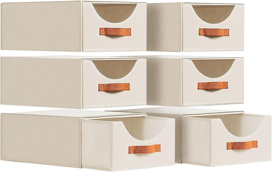 Large Closet Organizers and Storage - Stackable Storage Bins with Drawer, Fabric Containers for Organizing, Collapsible Organizer Bins for Bedroom, 6 Pack, Beige