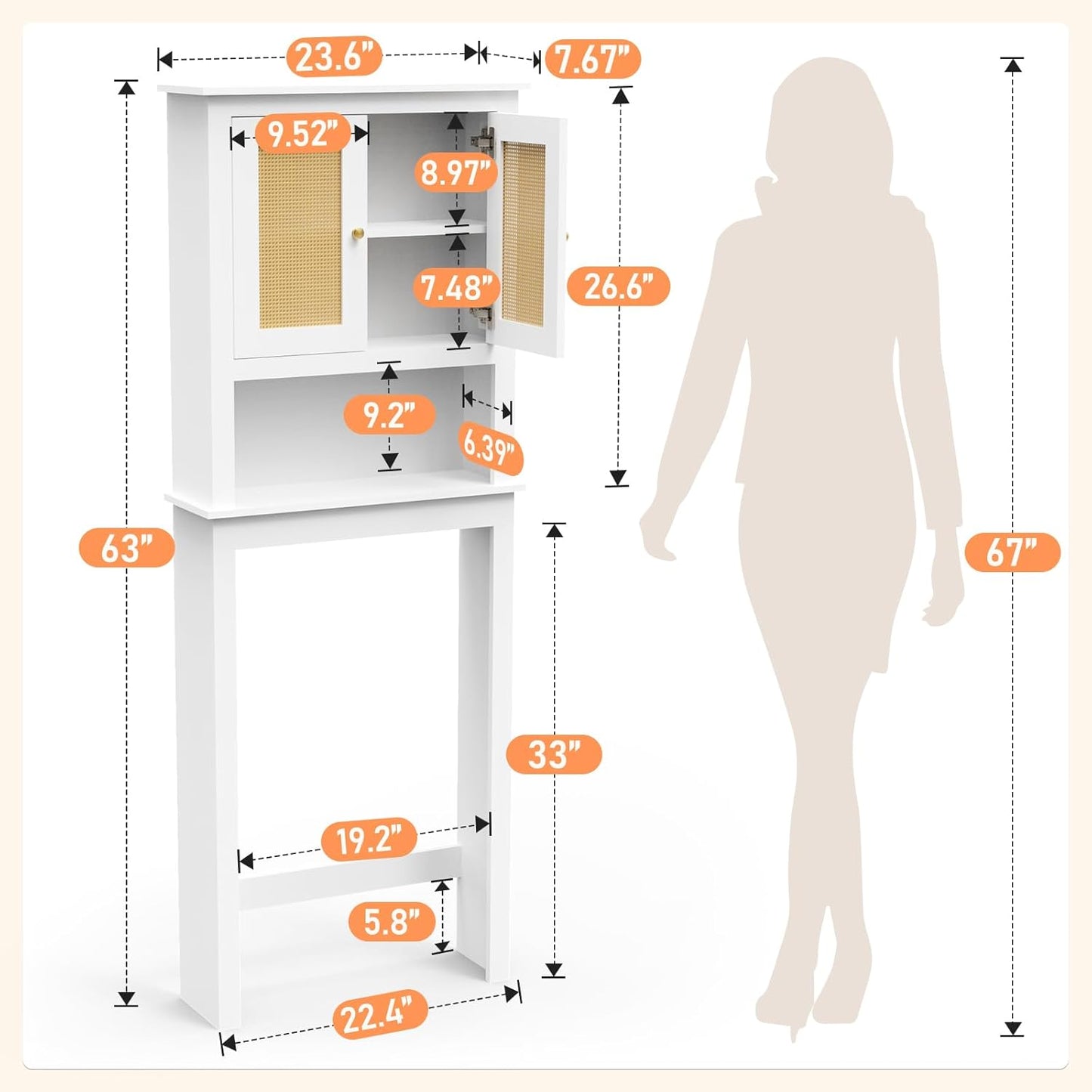 Over The Toilet Storage Cabinet, Behind Toilet Bathroom Organizer with Adjustable Shelves, Above Toilet Organizers with Barn Door, Space Saver for Restroom, Bathroom, Laundry