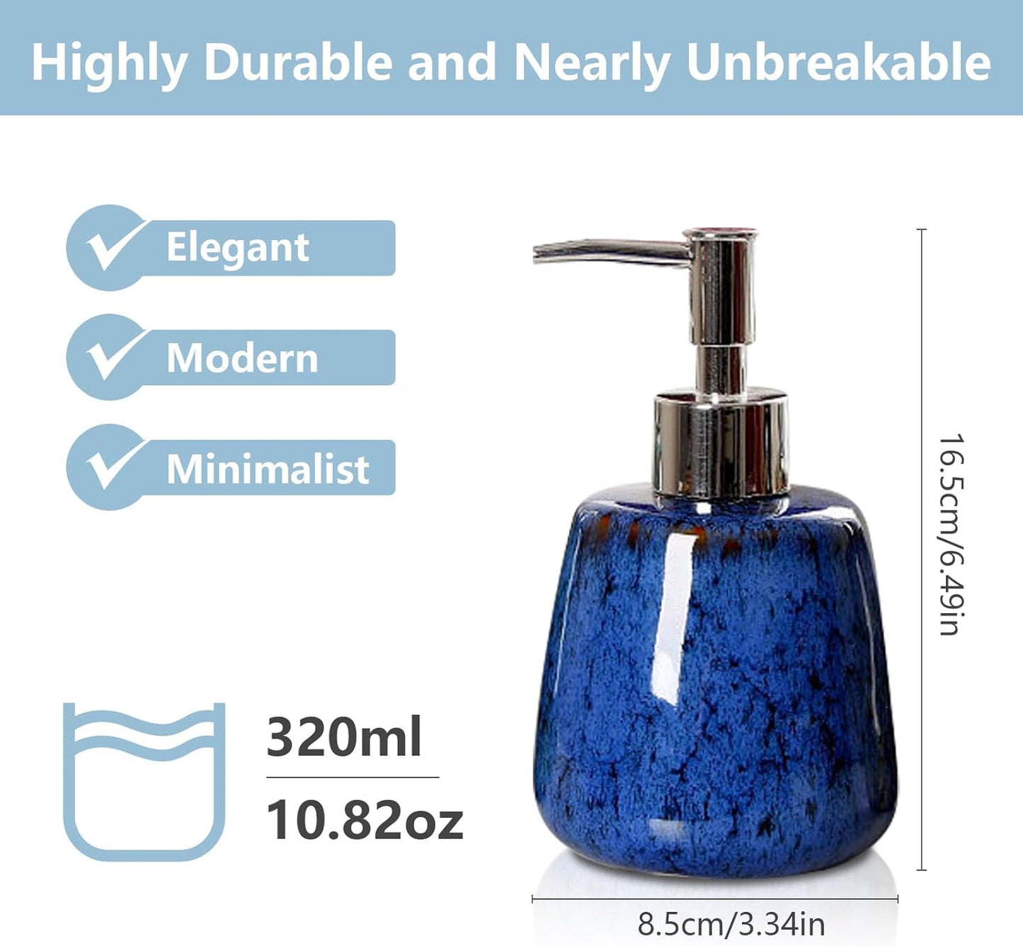 Jessie Hand Soap Dispenser,Blue Ceramic Liquid Hand Soap Dispenser with Pump,Modern Vintage Refillable Hand Lotion Pump Bottle for Bathroom Kitchen Set 10.8 oz (Blue)