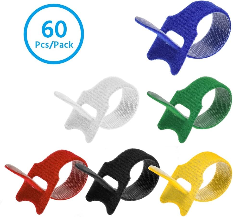 4" (60-Pack) Reusable Hook and Loop Self Gripping Multicolor Fastening Cable Ties - Multipurpose Microfiber Cloth Assorted Cable Organizer Ties