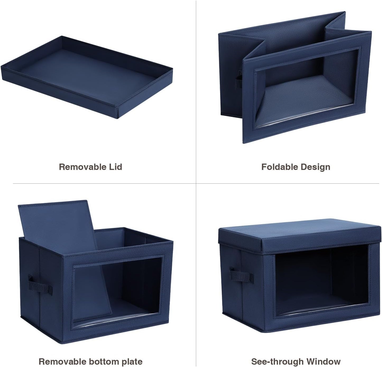 Foldable Storage Boxes with Lids - Decorative Storage Boxes with Clear Window, Fabric Storage Baskets for Organizing, Closet Storage for Clothes, Yarn, Home, Navy Blue, 4-Pack
