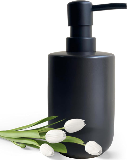 Soap Dispenser - Black Cylindrical Soap Dispenser for Bathroom and Kitchen, Ceramic with Plastic Pump