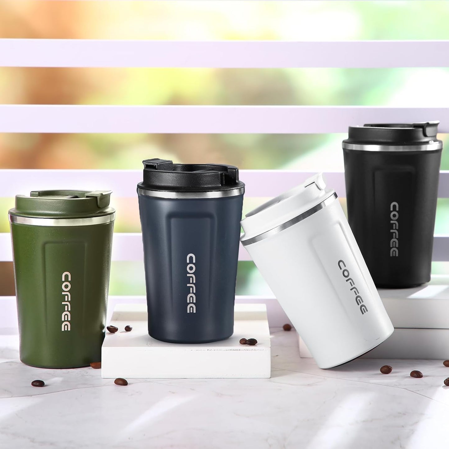 Sieral 4 Pcs 13 oz Travel Coffee Mug Insulated Reusable Coffee Cups with Leakproof Lid Stainless Steel Portable Tumbler for Keep Hot or Ice Milk Tea(Black, White, Navy Blue, Green)