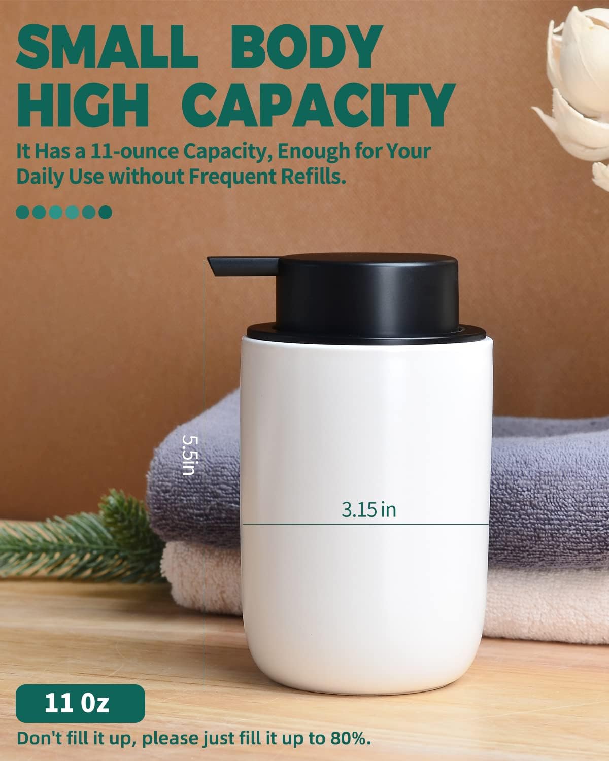 BosilunLlife Lotion Pump Dispenser - Bathroom Soap Dispenser White Kitchen Dish Soap Ceramic Small Liquid Soap Dispenser for Bathroom Lotion Hand Pump Dispenser