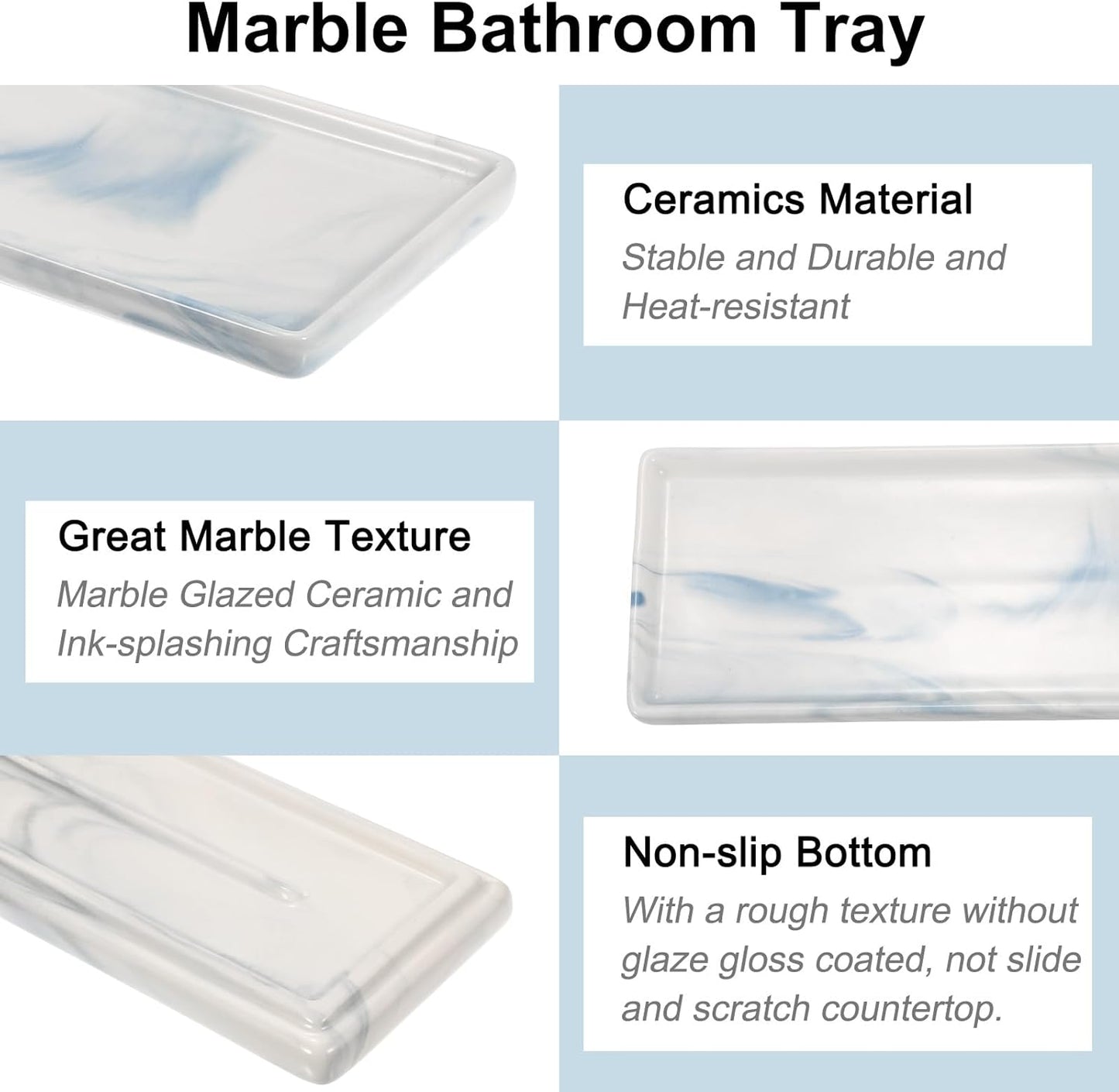 uxcell Marble Tray for Bathroom 9" Small Rectangle Ceramic Vanity Tray for Countertop Shatterproof Bathtub Soap Tray Kitchen Sink Organizer Key Trinket Ring Tray, Blue