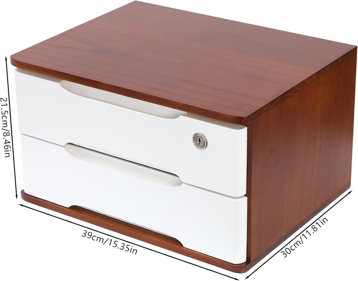 2-Tier Wooden Desktop Storage Box Desk Organizer with 2 Drawers and Lock Countertop Drawers Organizer for Office Supplies File Paper Cosmetic Jewelry, 15.4x11.8x8.5 in (Dark Brown and White)