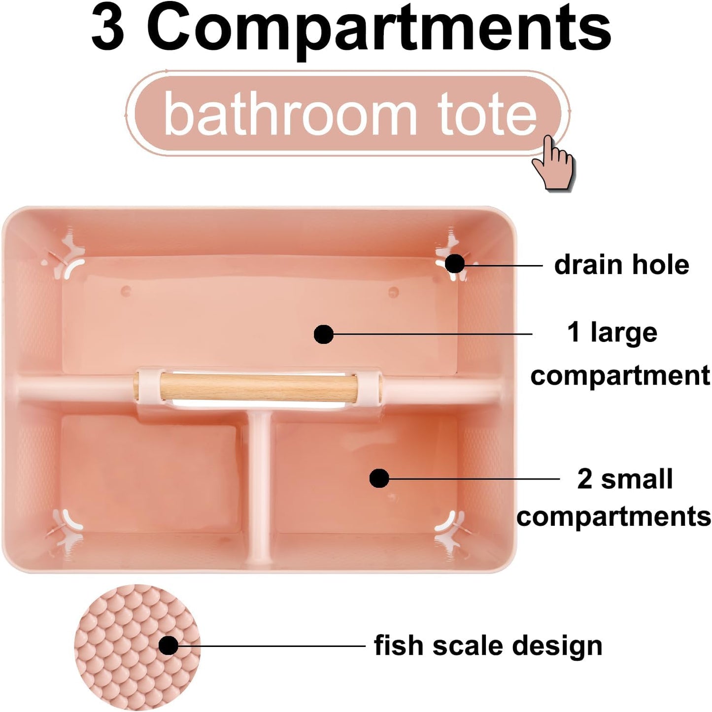 Haundry Plastic Pink Shower Caddy Basket with 3 Compartments, Portable Divided Bathroom Cleaning Caddy Organizer Storage Tote with Handle for Dorm, College, Room Essentials