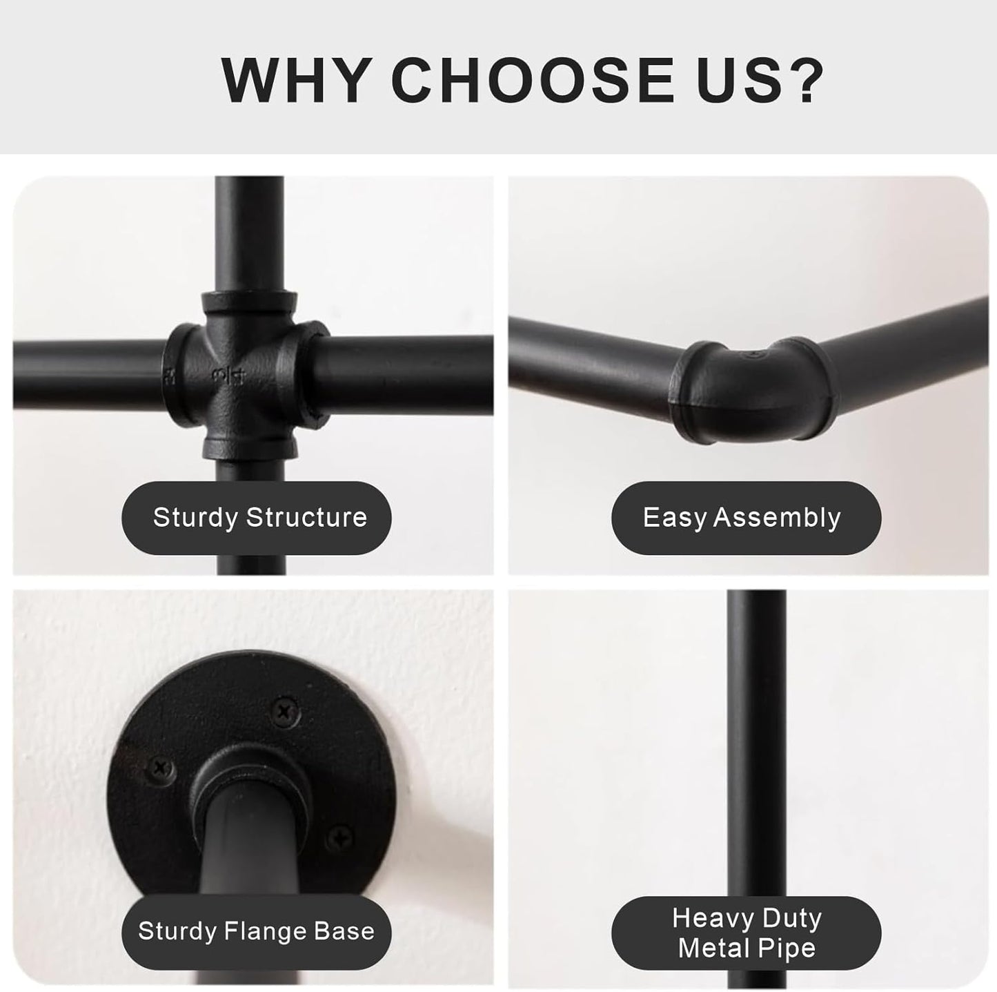 Industrial Pipe Black Clothing Racks Wall Mounted, Rustic Industrial Pipe Clothes Rack Design - Stylish & Heavy Duty Corner Garment Racks, Perfect for Home or Retail Display