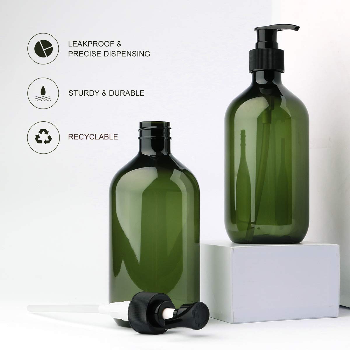 Yebeauty Pump Bottles, 17oz/500ml Liquid Soap Pump Bottles Dispenser Large Empty Plastic Refillable Containers- 2 Pack Green