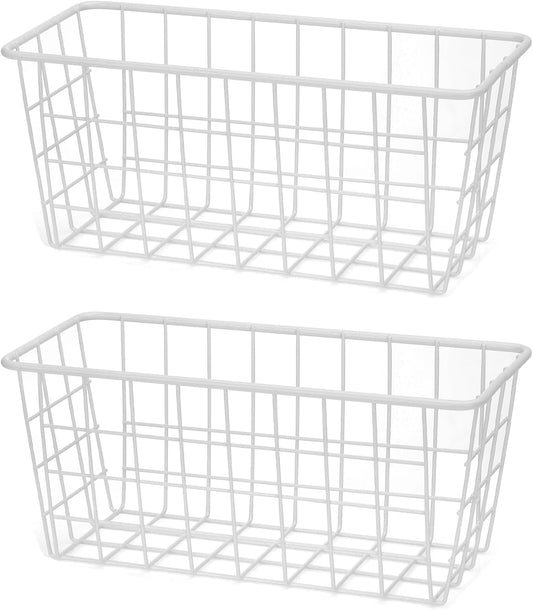 2 Set LeleCAT Hanging Wall Basket Organizer Over the Cabinet Door Adhesive Wire Baskets for Organizing Kitchen Food Pantry Bathroom Shelf Storage No Drilling Wall Mounted,White