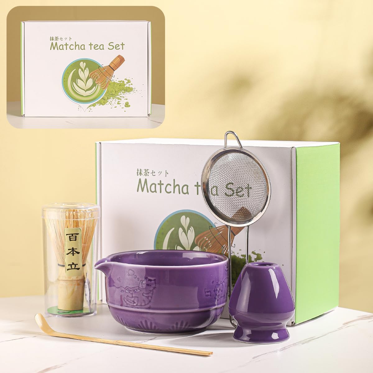 Matcha Tea Set, 5-Piece Ceramic Matcha Bowl & Whisk Kit with Cute Cat Pattern, Traditional Japanese Chawan, Scoop & Sifter, Perfect for Tea Ceremony, Gift for & Tea Lovers (Purple;)