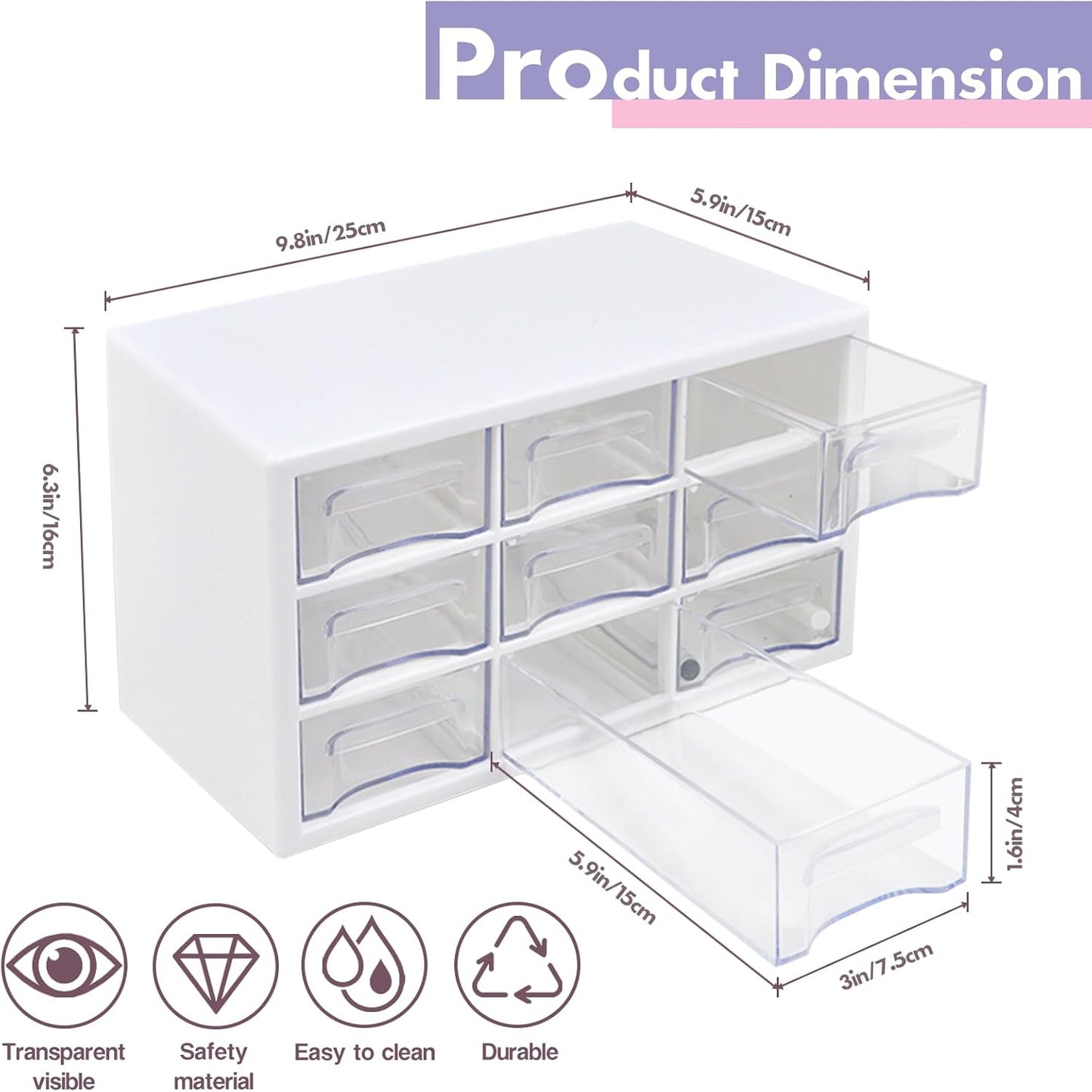 Desk Storage Organizer with 9 Drawers, FODIENS Stackable Desktop Craft Drawer Cabinet, Clear Storage Box Caddy for Makeup Jewelry Office Craft Supplies (9.84×6.3×5.9in) (White)