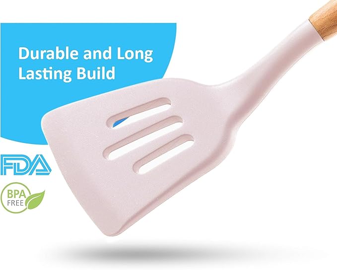 6 Pcs Cookward Silicone Cooking Utensils Set - Natural Wood Kitchen Utensils – Eco Friendly & BPA Free, Non-Scratch & Non-Stick Easy Grip -White