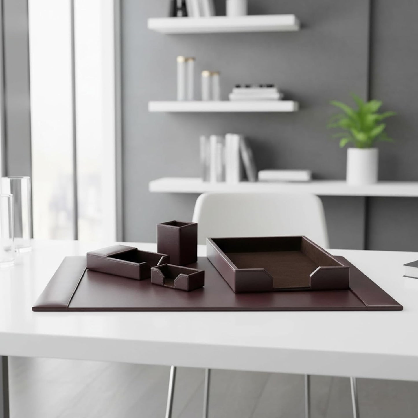 Dacasso Bonded Leather Desk Set - Luxury Leather Desk Pad & Desk Organization Essentials - Office Organization & Executive Desk Decor - (Dark Brown, 5 Piece)