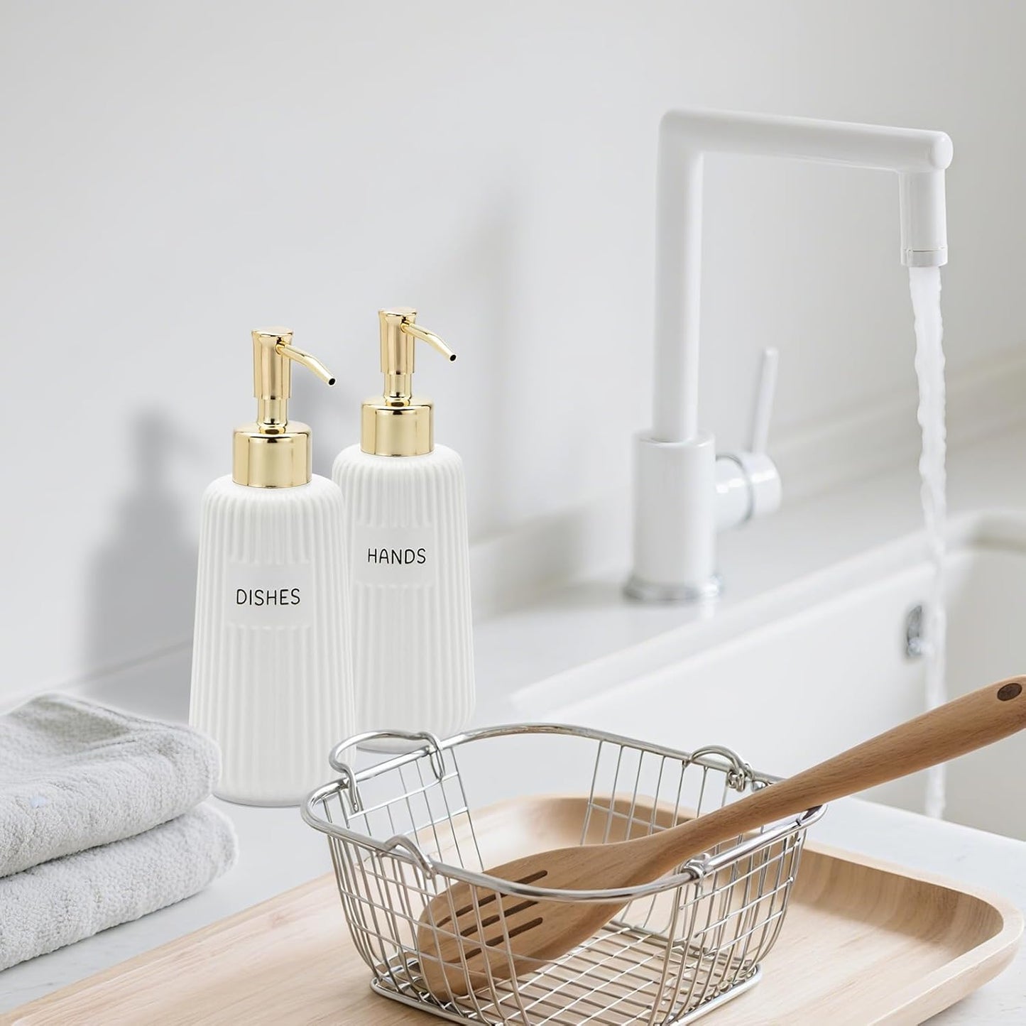 Kitchen Soap Dispenser Set with Gold Stainless Steel Pump and Funnel, Modern Ceramic Refillable Hand and Dish Soap Dispenser Set for Kitchen, Bathroom, Office, Hotel, Matte White