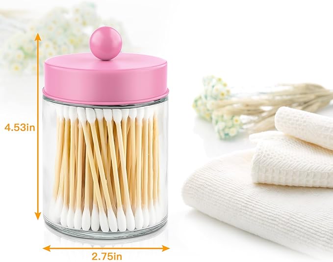 2 Pack Glass Apothecary Jars with Lids for Bathroom, Cute Qtip Holder, Pink Bathroom Accessories Set, Small Bathroom Canisters with Lids for Q-Tips, Cotton Swabs, Pink Bathhouses Decor