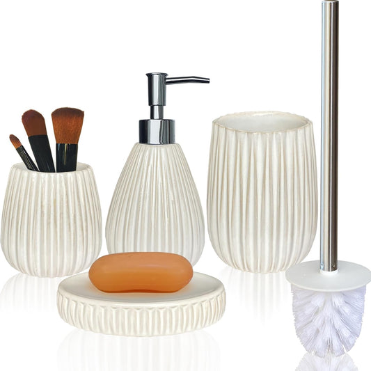 Ceramic Bathroom Accessory Set, White Bathroom Set, Caahanjia Bathroom Accessories Set 4 Pieces, Toilet Brush, Lotion Dispenser, Soap Dish, Toothbrush Cup, Modern Bathroom Décor (13 Ounce)