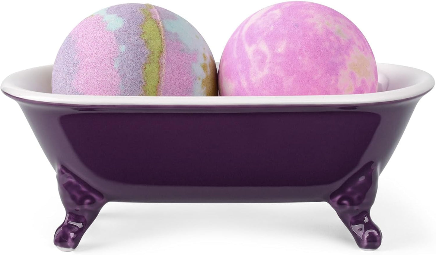 6.5" Ceramic Mini Decorative Clawfoot Bathtub Bar Soap Dish, Kitchen Sponge Holder and Shower Tray for Bathroom, 1 Pack(Plum)