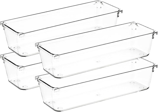 4 Pack Drawer Organizer - 3" X 9" Clear Acrylic Storage Bins with Non-Slip Pads, Versatile Desk Tray for Makeup, Jewelry, Kitchen, Bathroom, and Office Organization