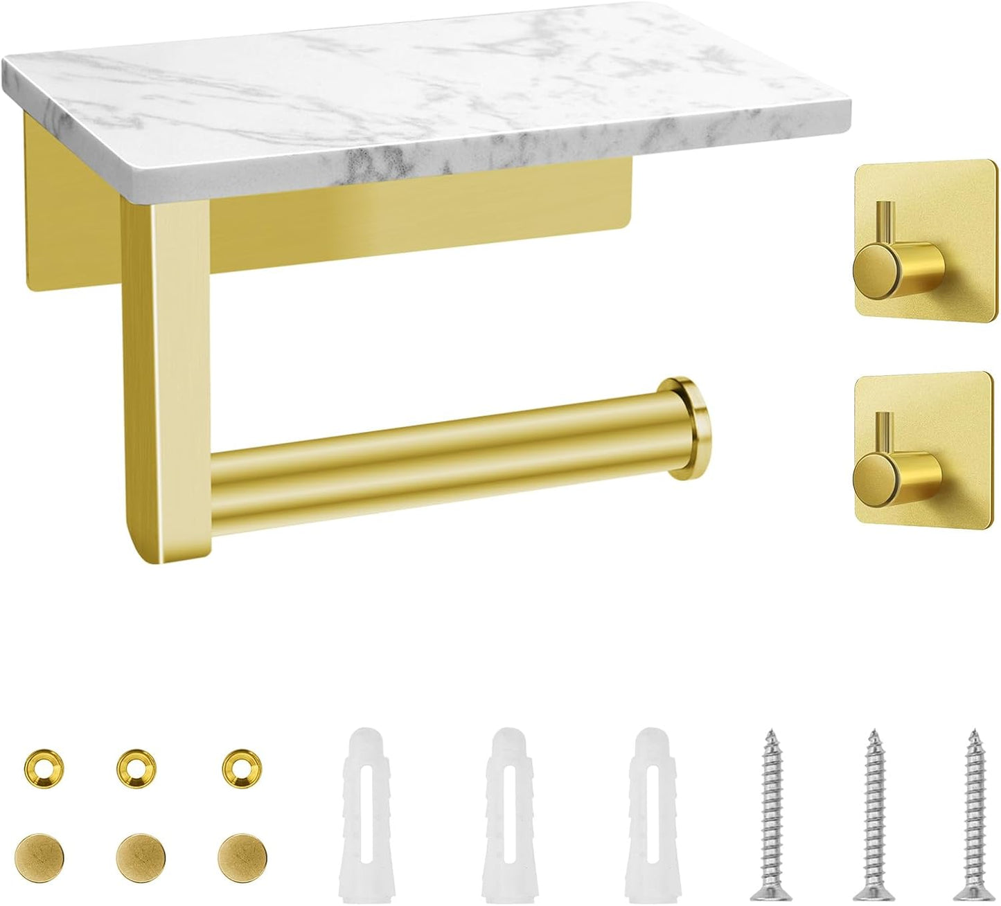 Toilet Paper Holder with Marble Shelf, SUS304 Brushed Gold Stainless Steel Wall Mounted Natural Marble Toilet Paper Holder and 2PCS Adhesive Hooks for Bathroom Washroom