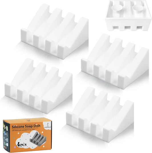 Silicone Soap Dish with Drain, Upgrade Double Suction Cups at The Bottom for Anti-Slip and Stability, Soap Dish Shower Waterfall Bar Soap Holder Tray with Drain Soap Holder (4, White)