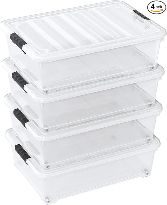 25 Quart Clear Under Bed Storage Container with Wheels, 4 Packs Stackable Plastic Underbed Bin with Lid